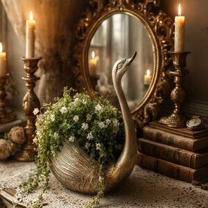 NWT Vintage Large Brassy Swan Planter Rustic Style Distressed Look Flower Pot